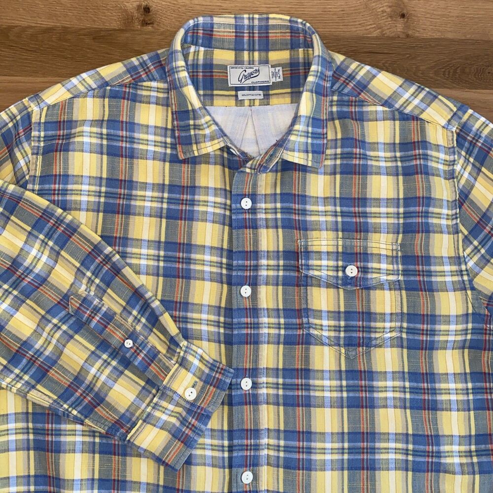 Grayers‎ Clothiers Men's Shirt Size XXL Yellow Blue Plaid Cotton Long Sleeve